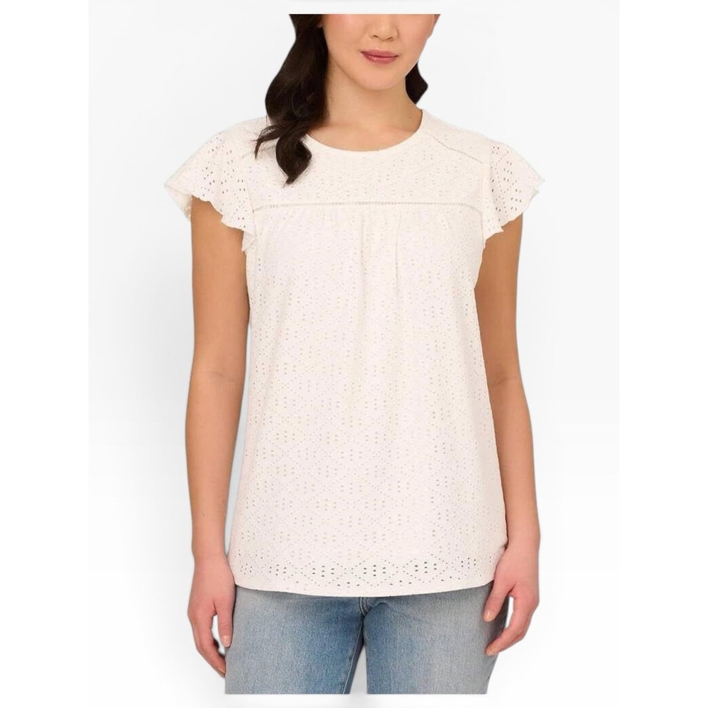 Adrianna Papell Eyelet Lace Flutter Sleeve Top White M NWT